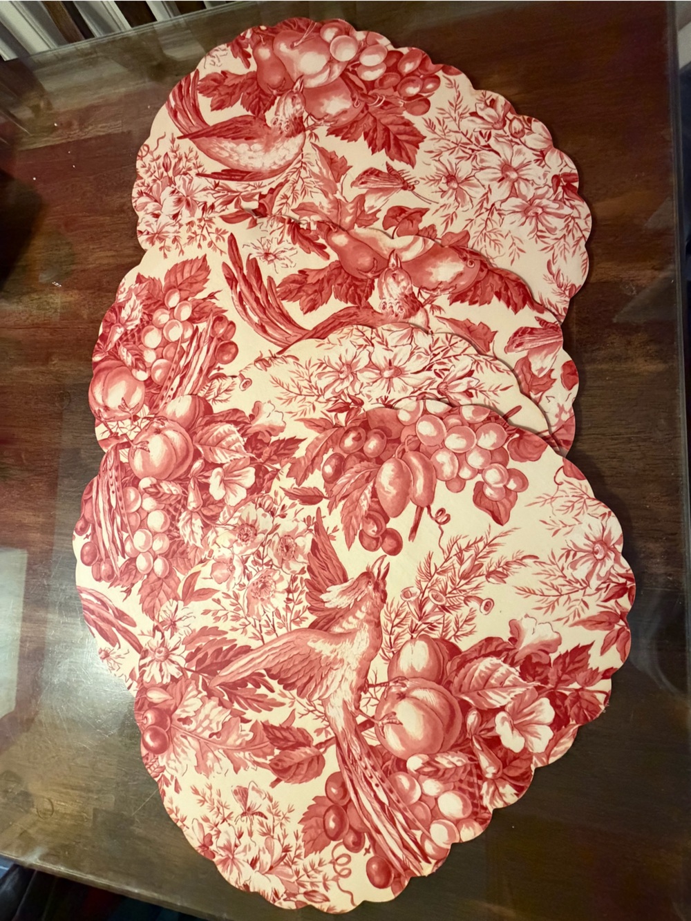Red Crimson Toile Fruit Floral & Bird Heavyweight Plastic Dinner Table Placemats